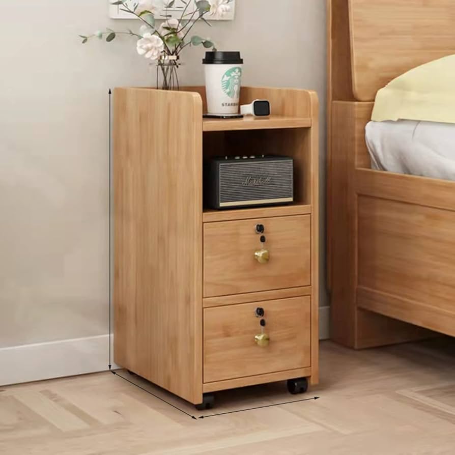 Side Table Solid Wood Bedside Table with Removable Wheels